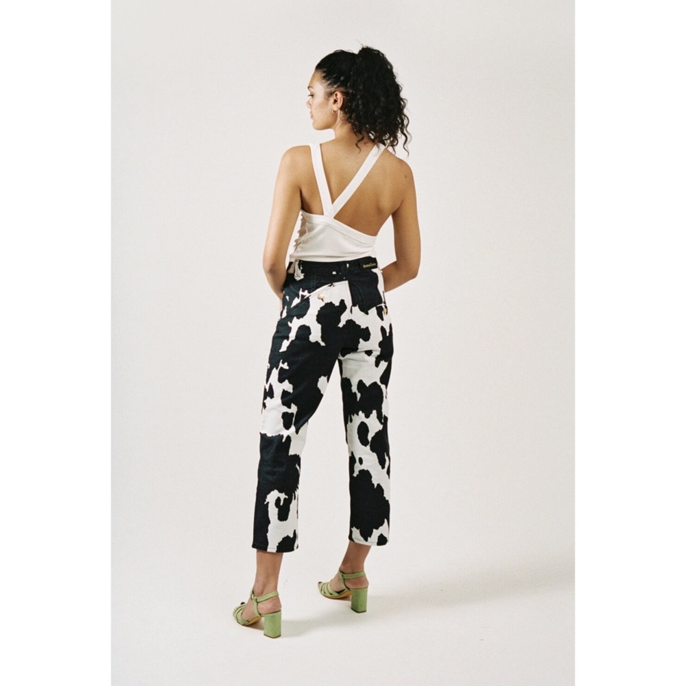 House of Sunny Jessie Cow Print Jeans Gold Button Fly Straight Leg High Waist